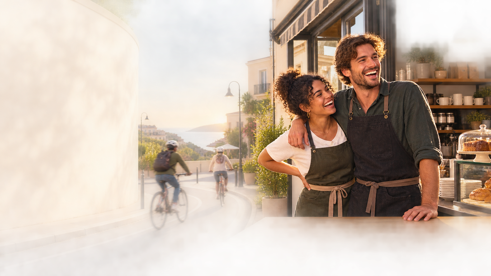 Two café owners laughing behind their counter on a sunlit coastal street