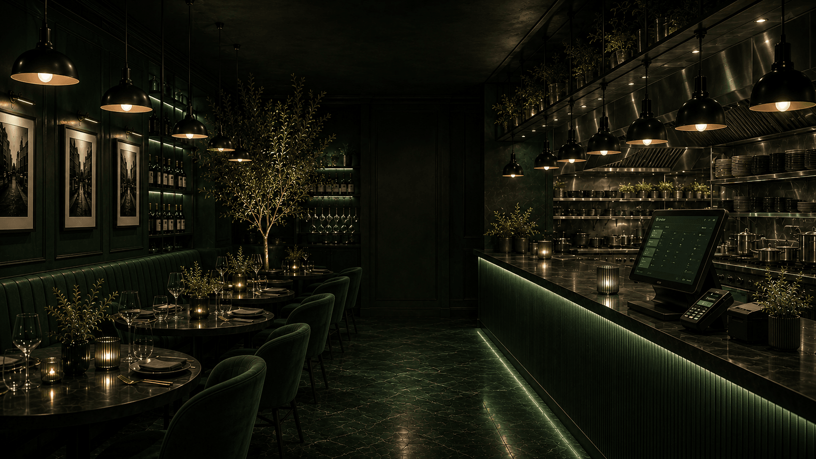 One deep-green dining room: laid tables and banquettes under pendant lights on the left, and the Ordeer till with card terminal on the service counter beside the open kitchen on the right.