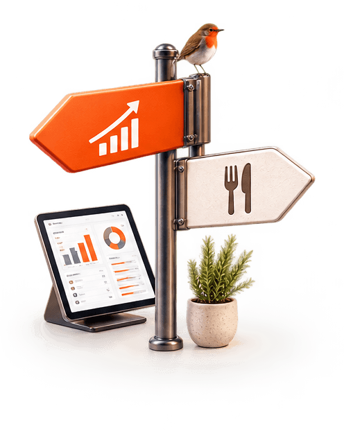 Illustration: a signpost with a rising sales arrow and a dining sign above a tablet showing an Ordeer dashboard, a robin perched on top.