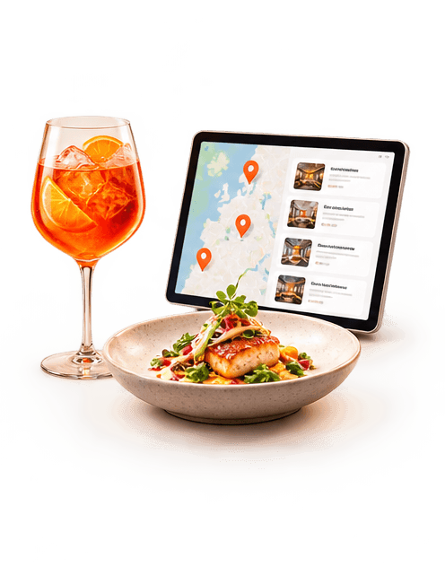 Illustration: a plated dish and a spritz beside a tablet showing venues highlighted on a map.