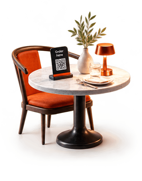 Illustration: a laid café table with an order-here stand, a glowing table lamp and an orange chair.
