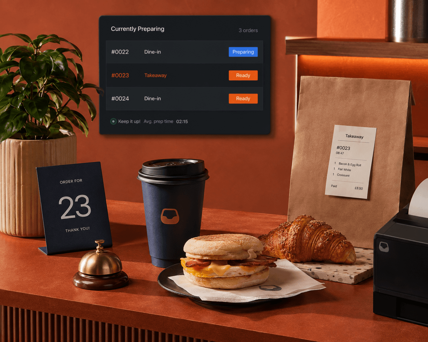 Café pickup counter with live order status, takeaway order and breakfast service.
