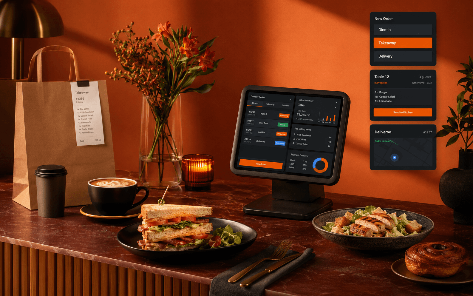 Ordeer hospitality system at a café counter with orders, takeaway and delivery in view.