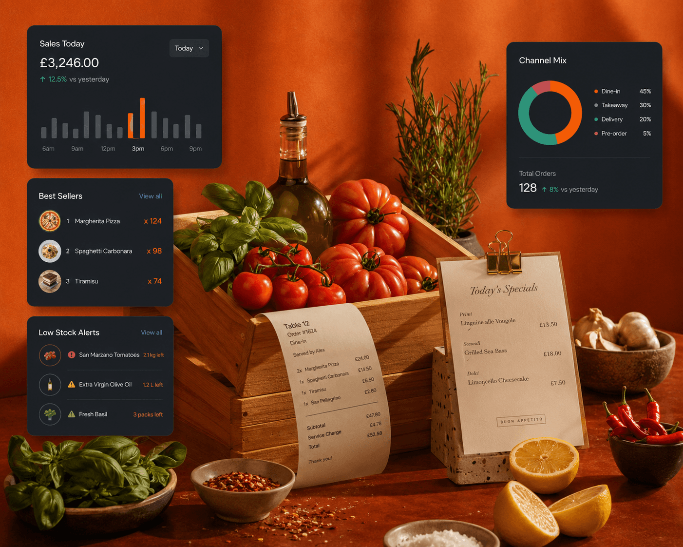 Hospitality reporting with sales, best sellers, channel mix and low-stock alerts.