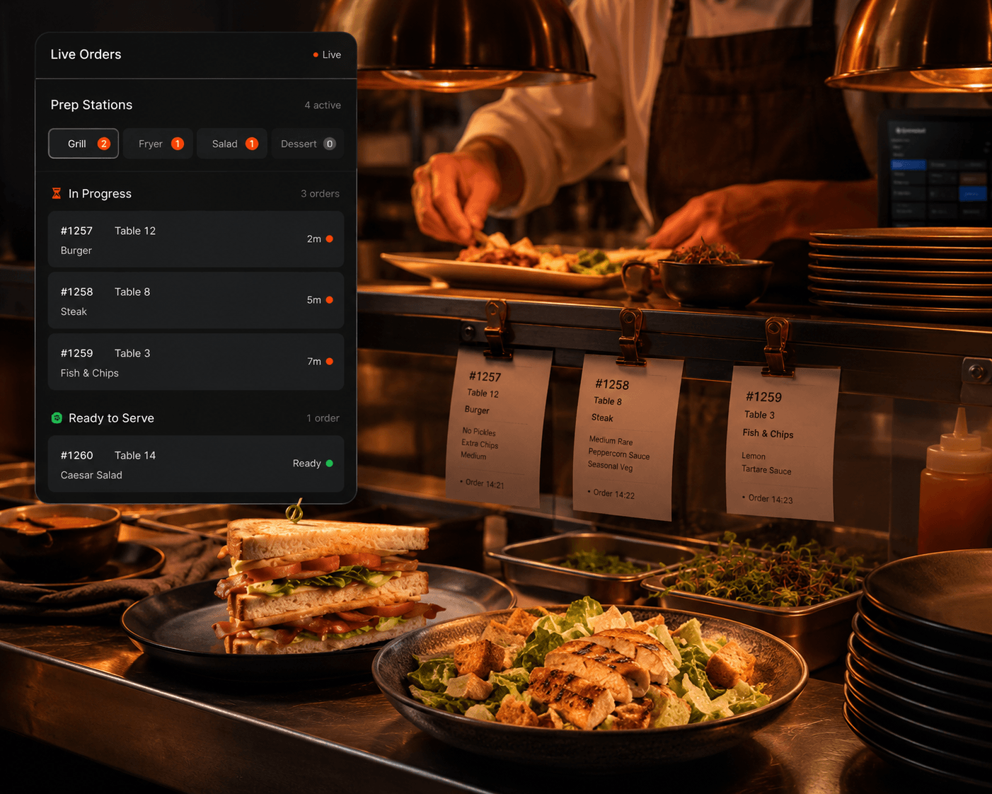 Kitchen pass with a chef plating dishes beside live order and prep-station status.