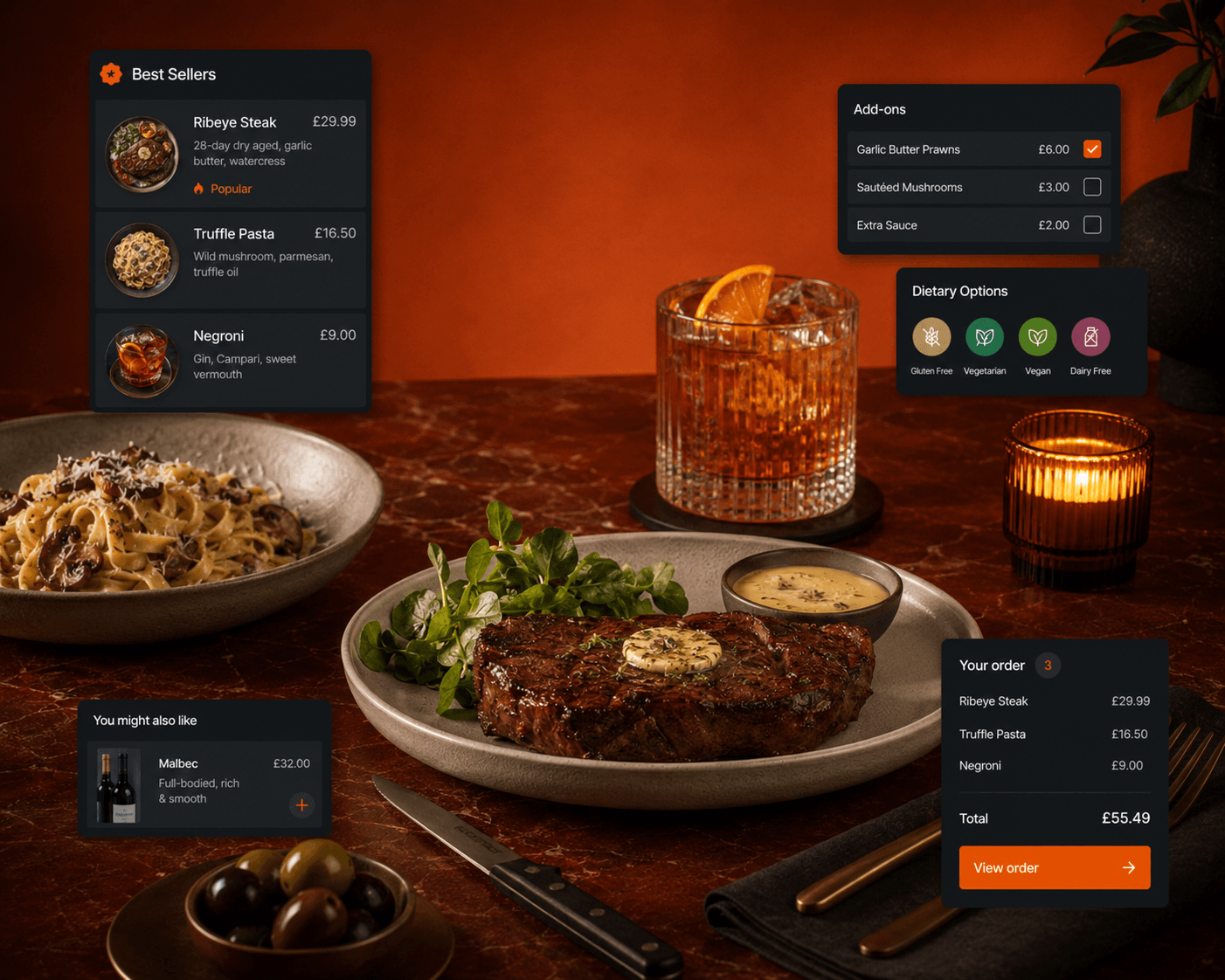 Restaurant menu with best sellers, add-ons, dietary options and suggested items.