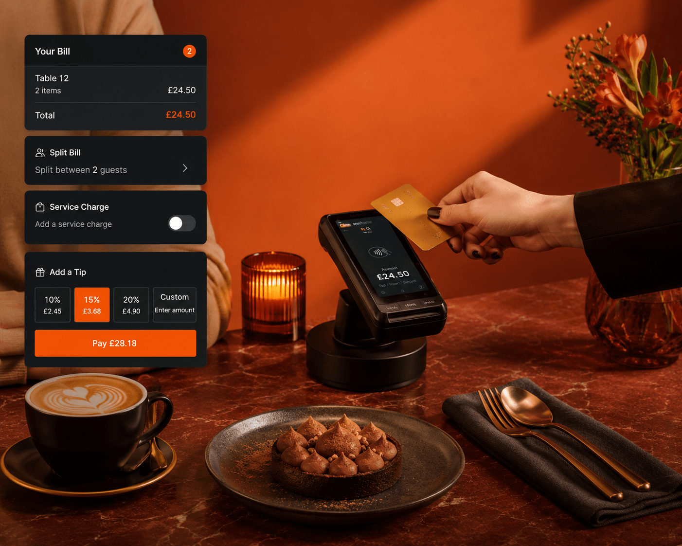 Tableside card payment with split-bill, service-charge and tipping options.
