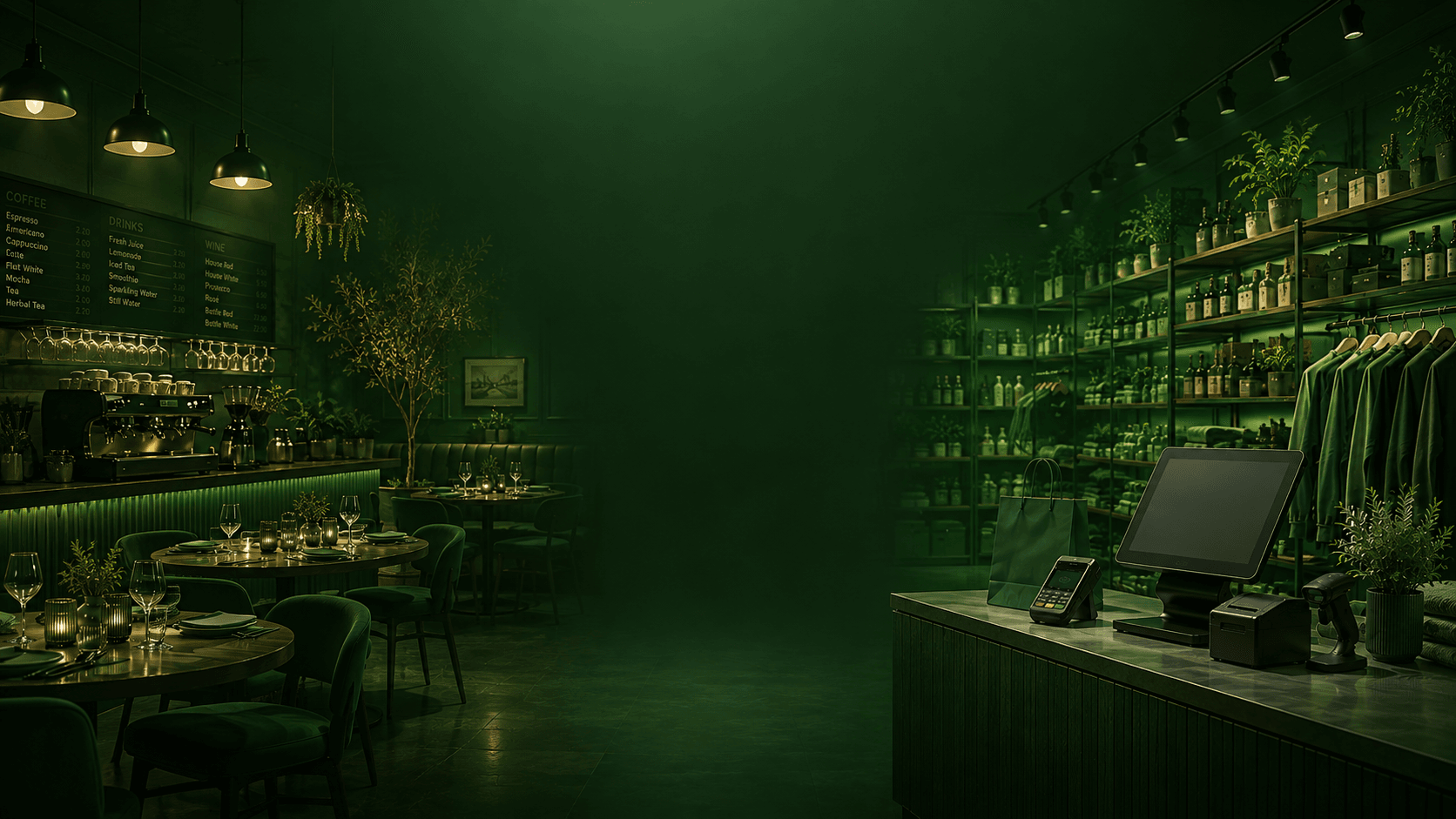 One deep-green room, two Ordeer worlds: laid restaurant tables under pendant lights on the left, a till with card terminal, receipt printer and stocked retail shelving on the right.