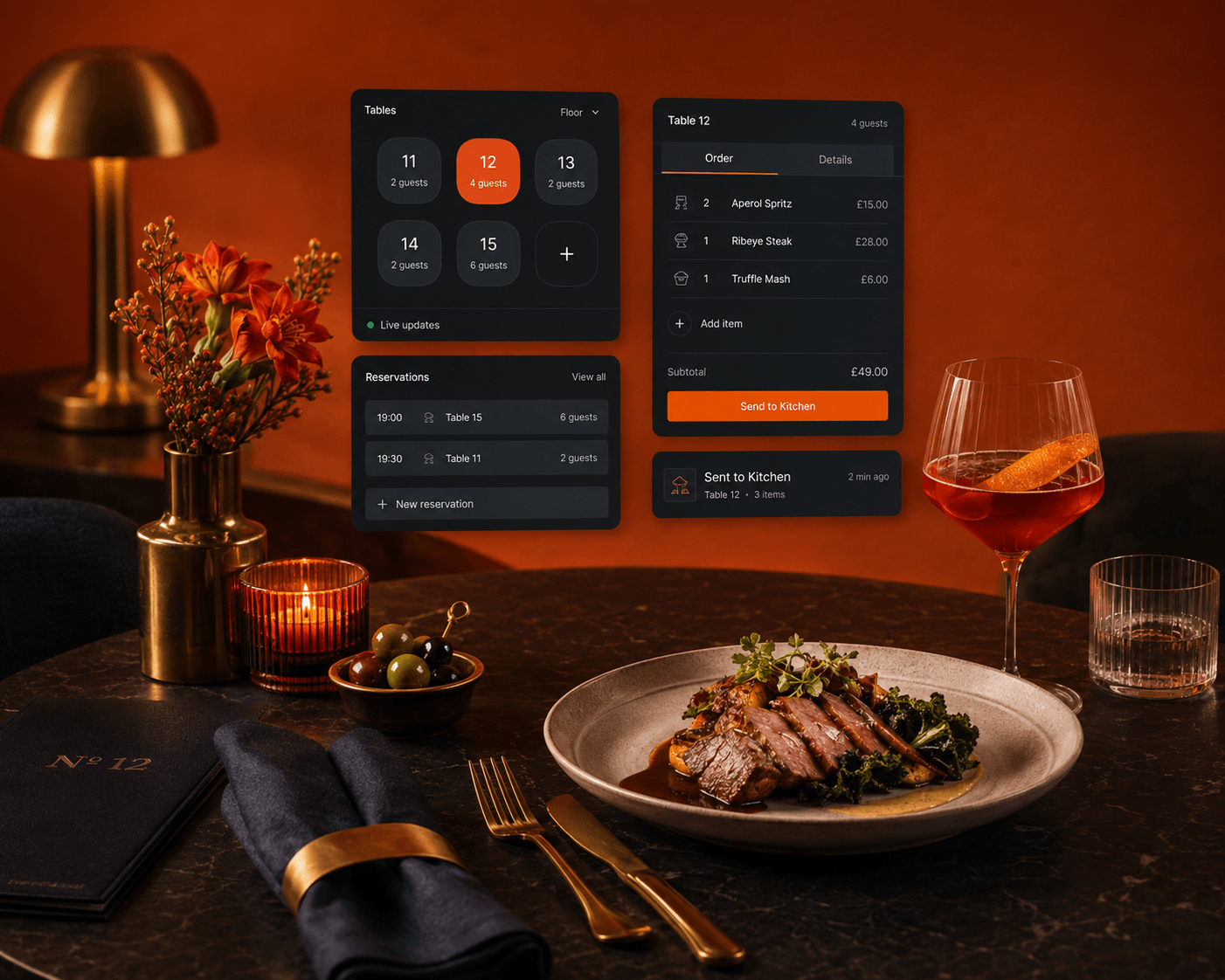 Table service with connected tables, reservations and an order sent to the kitchen.