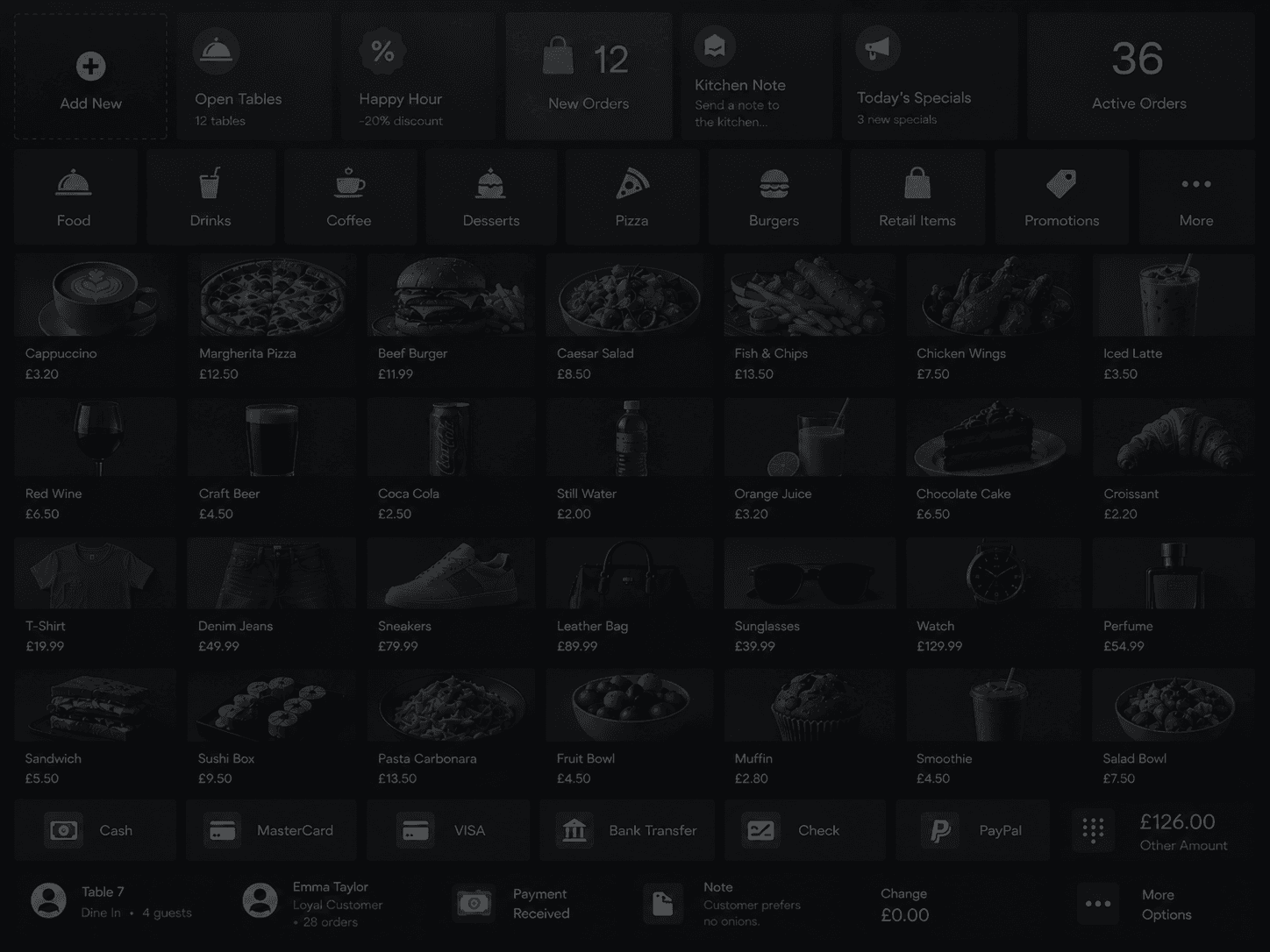 The Ordeer POS till screen: a dark grid of category and menu tiles with product photography and prices, a row of payment methods along the bottom, and an open dine-in table with its running total.
