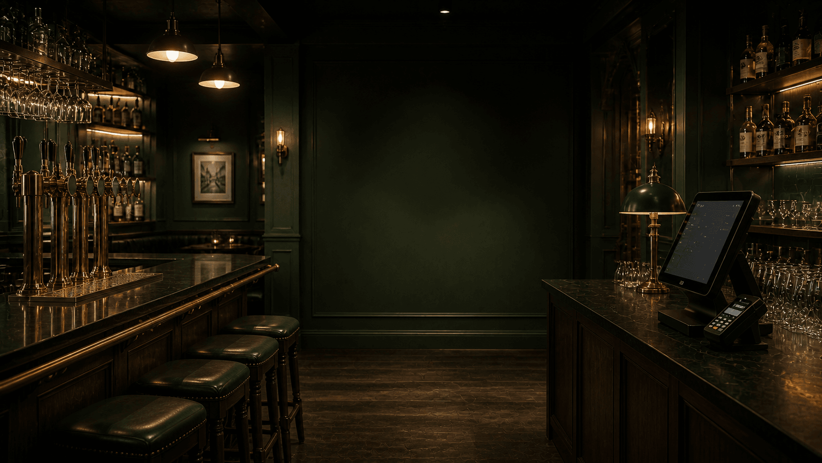 Deep-green pub interior with brass draught taps, bar seating and an Ordeer till with card terminal.