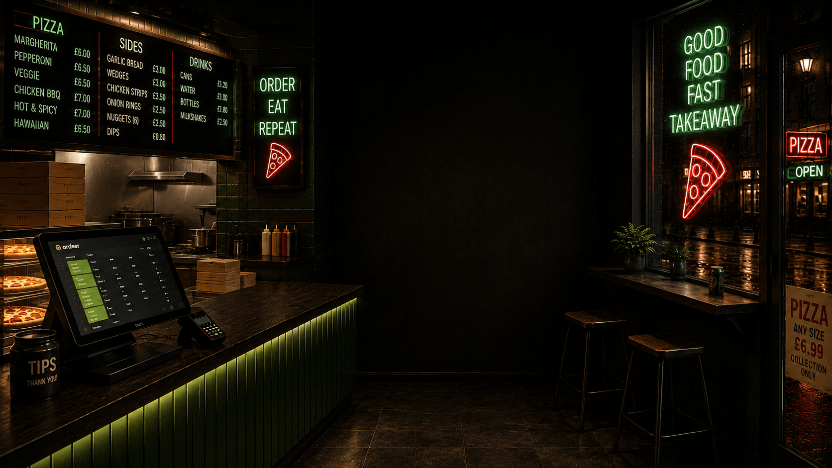 A pizza takeaway at night: menu boards over the Ordeer till and kitchen pass on the left, and neon takeaway signs against the rainy street window on the right.