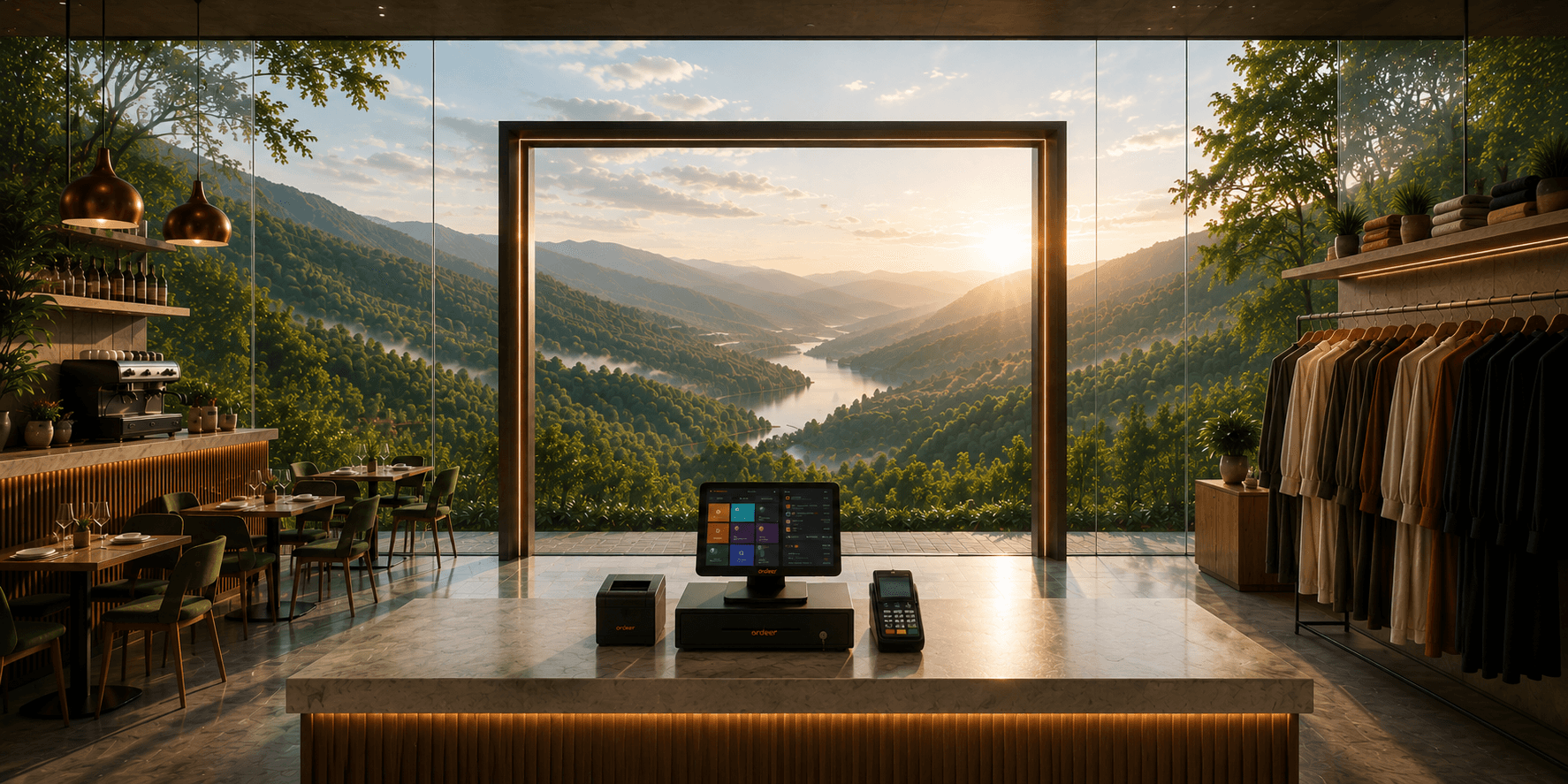 An Ordeer till, cash drawer and card terminal on a stone counter, framed by a glass wall that opens onto a sunlit valley, with a restaurant on one side and a retail rail on the other