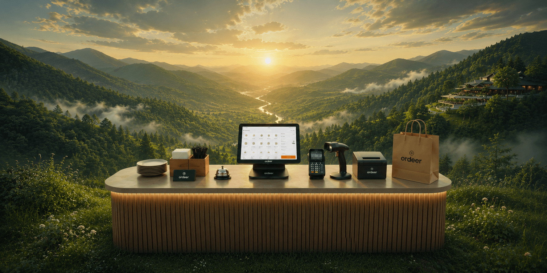 Ordeer EPOS, card terminal, scanner and receipt printer staged against a calm green mountain landscape