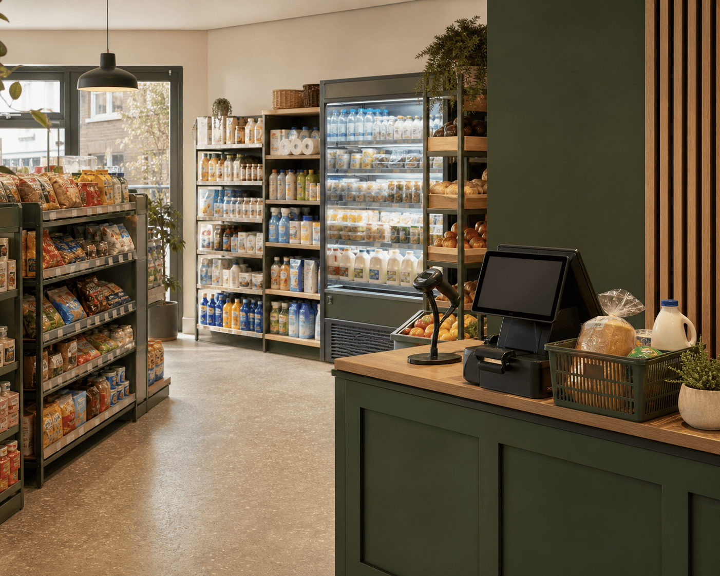A compact neighbourhood convenience store with short grocery shelves, a chilled cabinet and a green checkout counter.