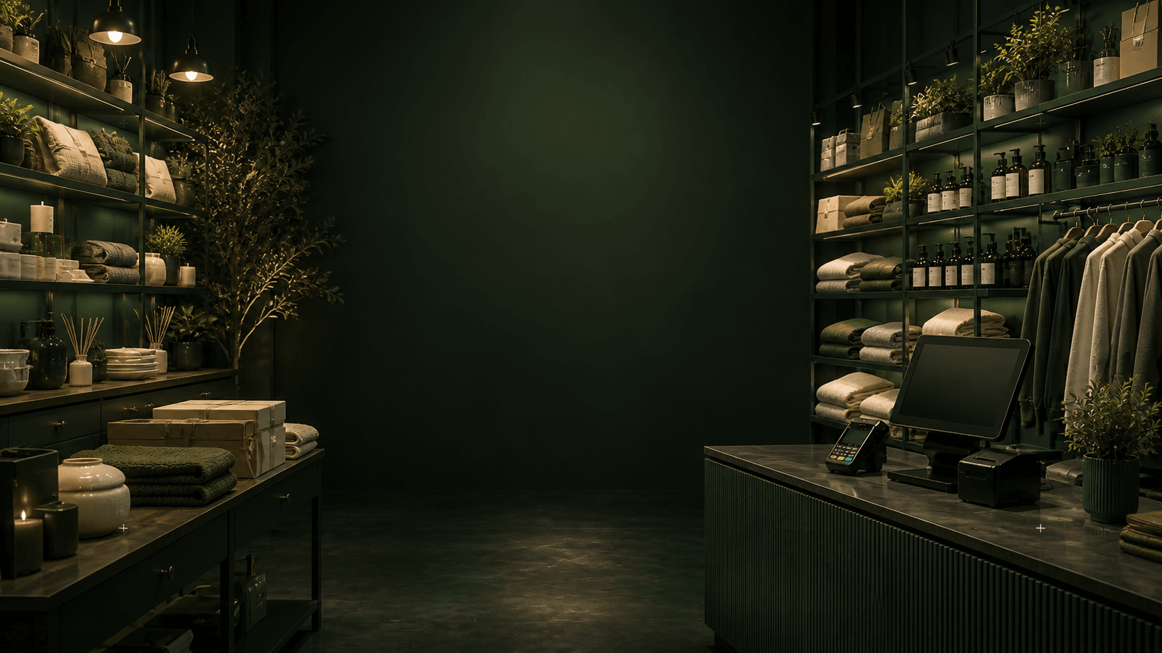 A cinematic green independent shop with homeware and apparel displays framing a clear central wall and a point-of-sale counter.