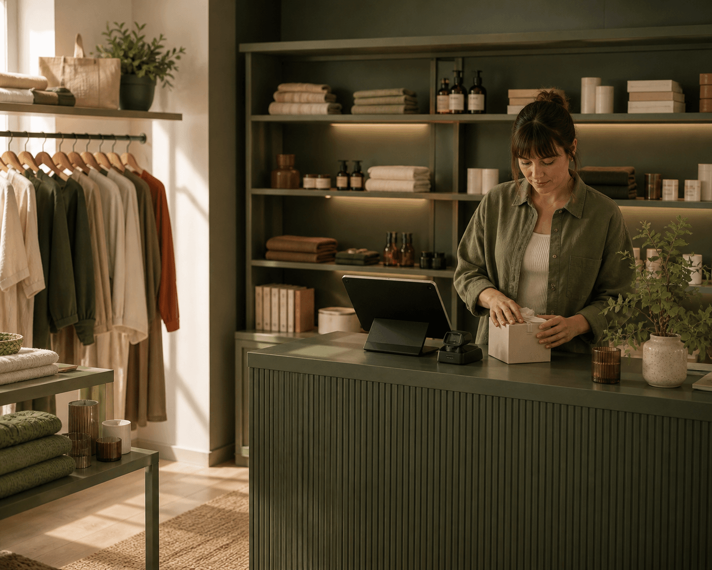 An independent shop owner prepares a parcel beside the till in a green-led boutique with clothing, homeware and neatly arranged products.