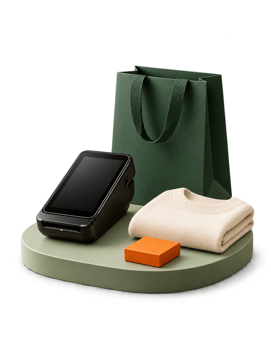 A compact retail checkout composition with products and a point-of-sale display.