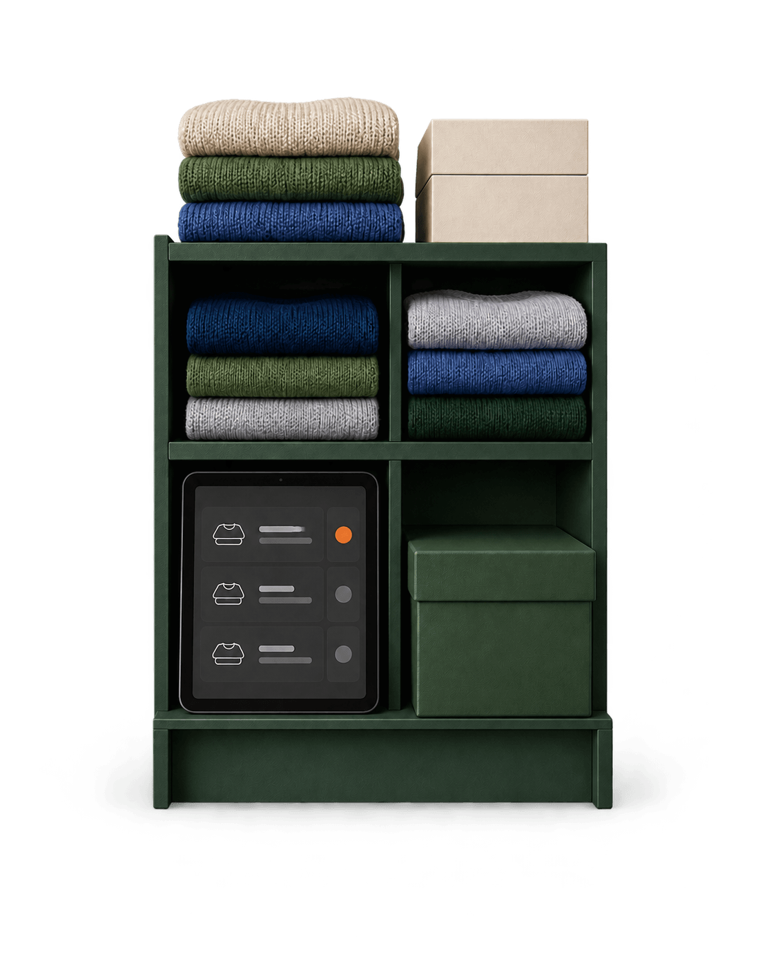 Green retail shelving with knitwear, stock boxes and an inventory tablet.