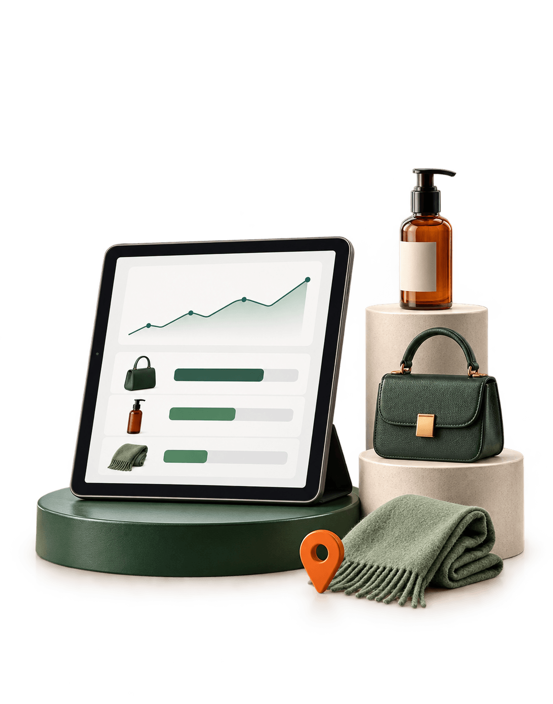 A reporting tablet arranged with a retail bag, product and green display plinths.
