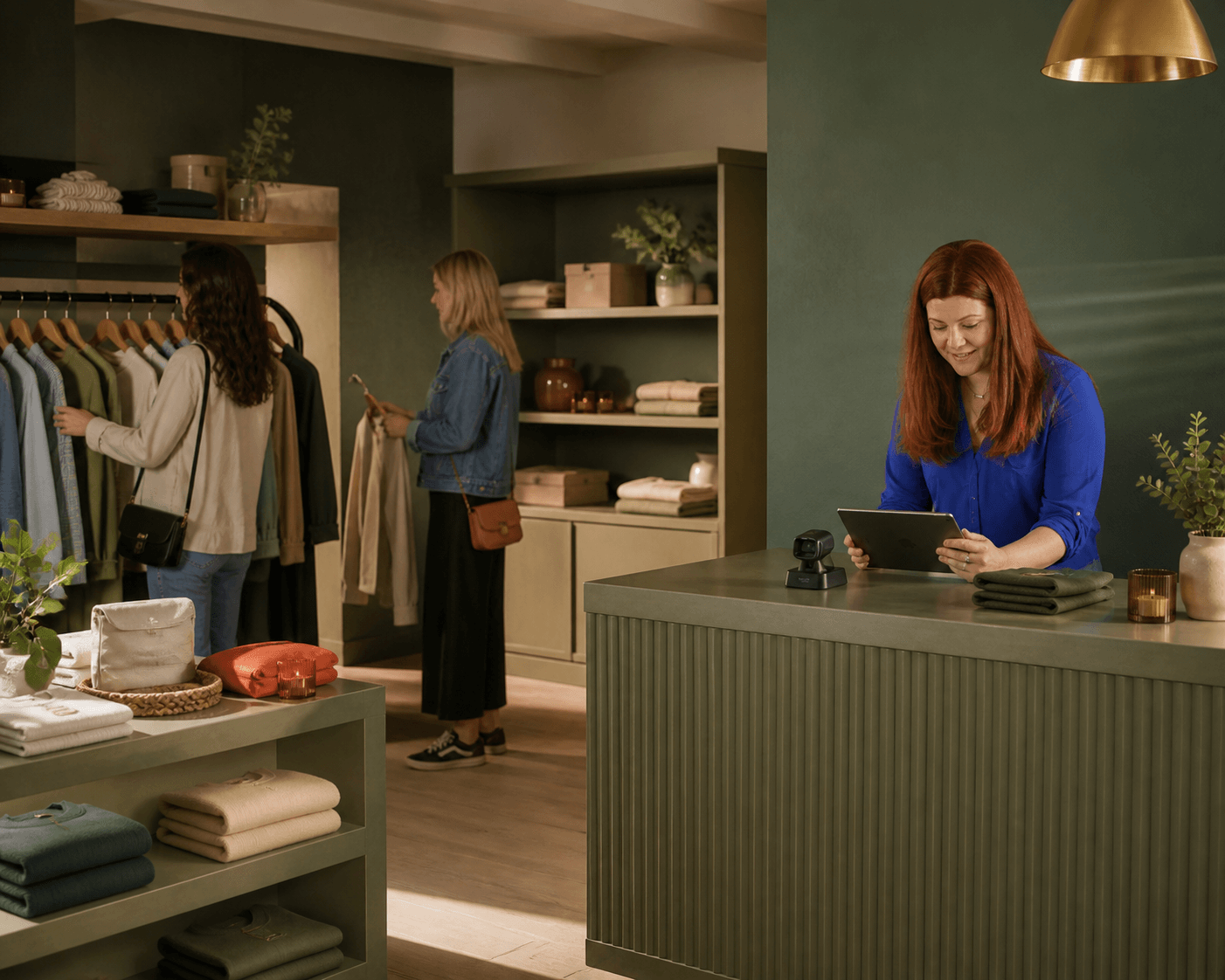 Customers browse a green-led independent boutique while a member of staff works at the counter.