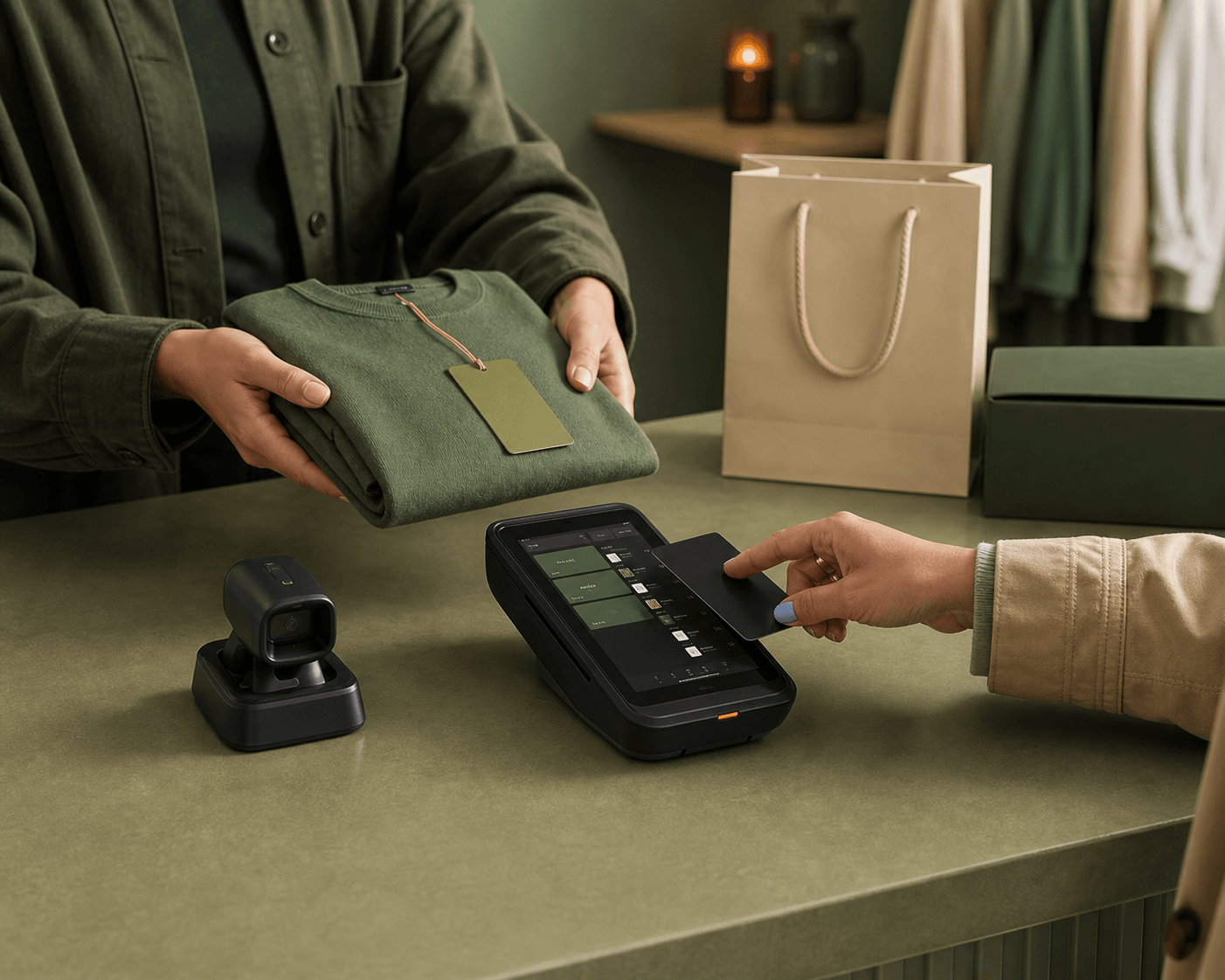 A customer taps a card at a retail checkout beside a folded green garment, scanner and point-of-sale screen.