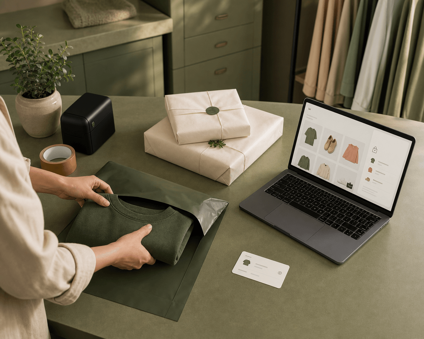 An online retail order is packed at a workbench beside a laptop storefront, parcels and a green mailer.
