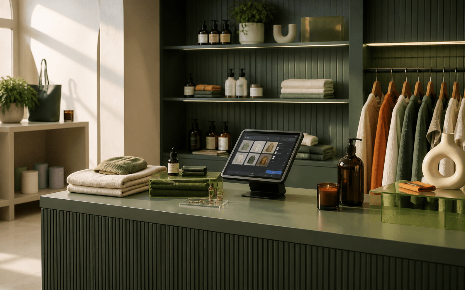 A premium green-led retail shop with fashion, beauty and homeware products arranged around a compact point-of-sale display.