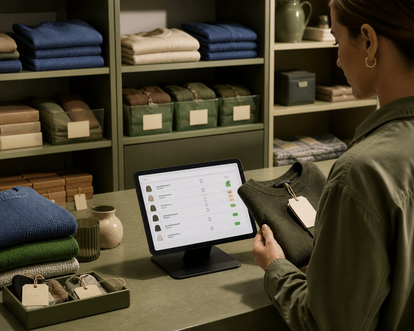 A shop worker checks a green sweater against an inventory list on a tablet in an organised stockroom.