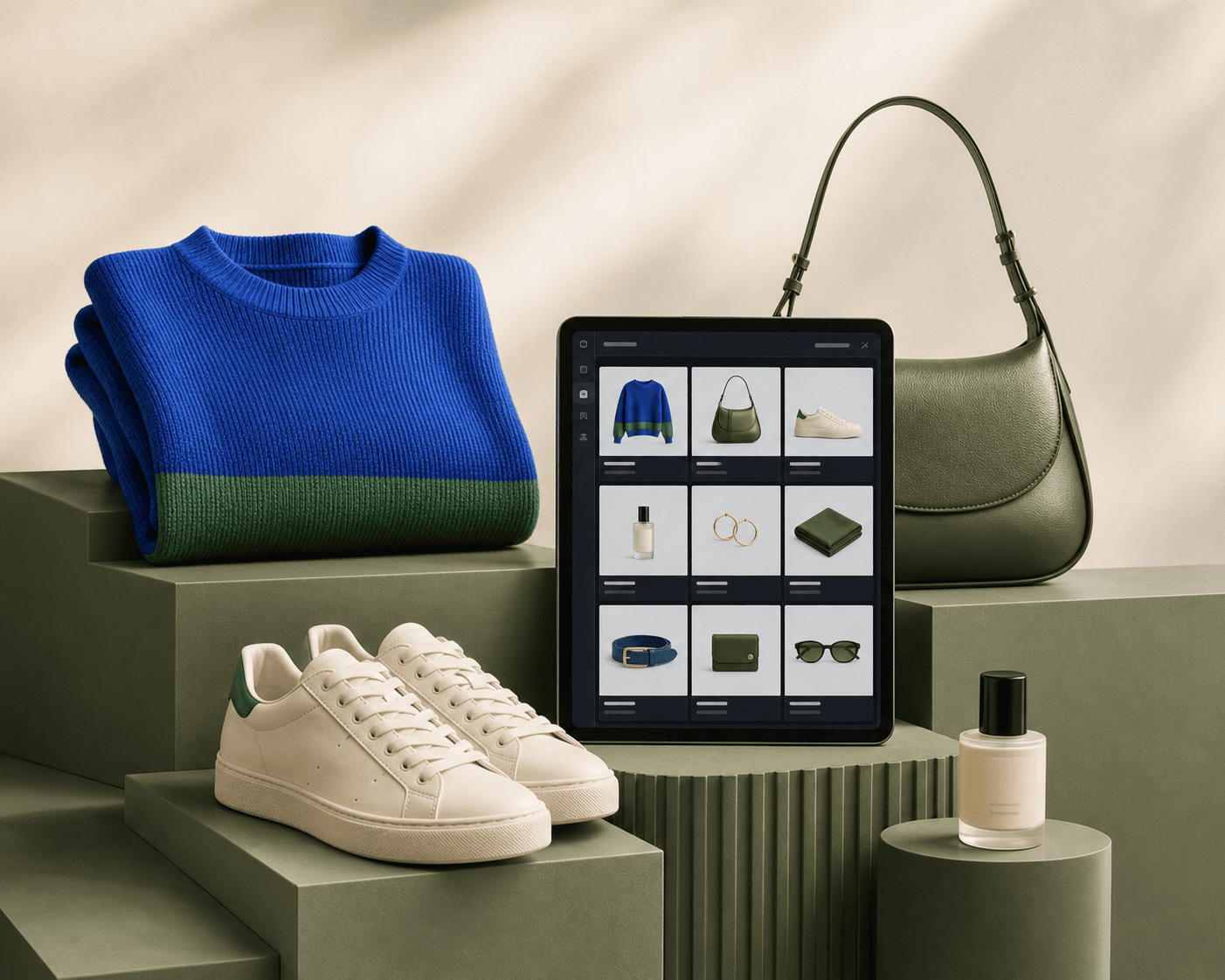 Fashion, footwear, beauty and accessories are arranged around a tablet showing a clean retail product catalogue.