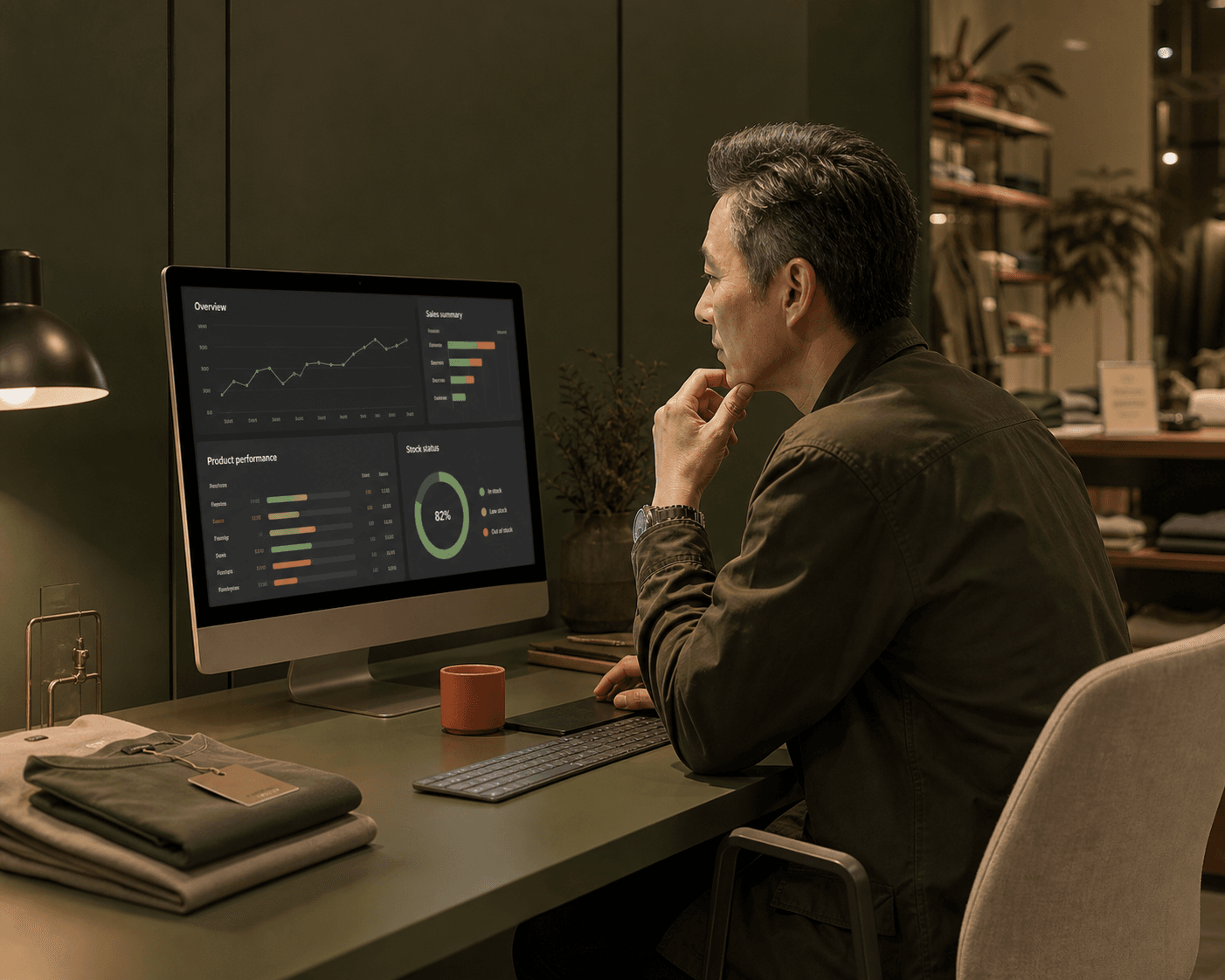 A shop manager reviews sales, product and stock figures on one reporting screen after closing time.