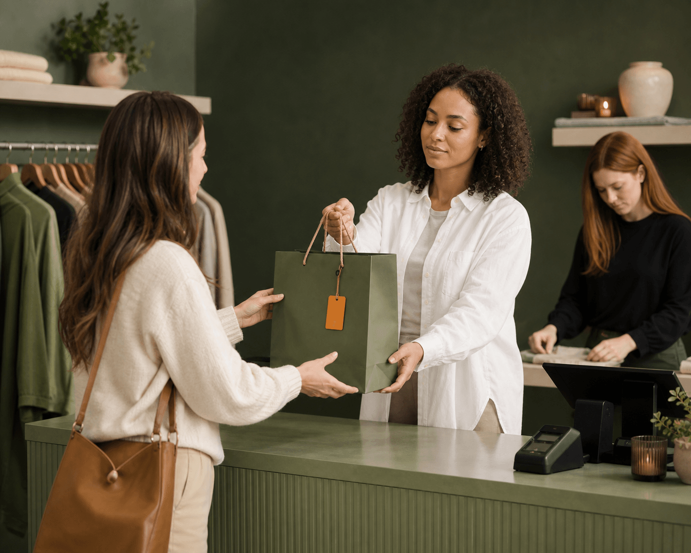 A retail assistant hands a green shopping bag to a customer across a boutique counter.